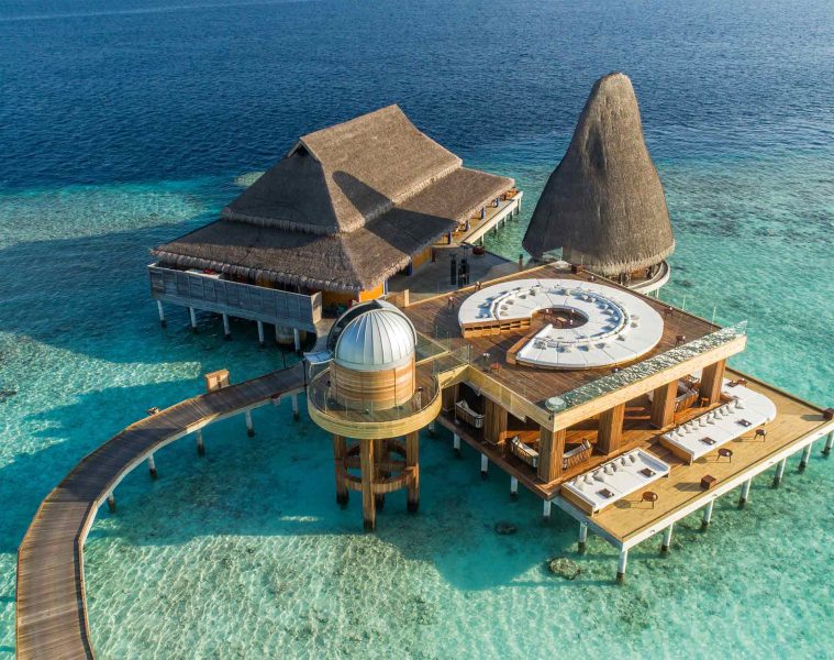 Aerial of overwater observatory at Anantara Kihava Maldives Villas, The Maldives