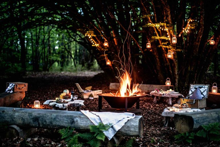 Log fire at Domaine des Etangs, Massignac, France