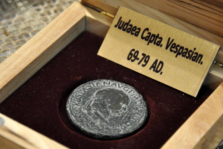 A coin from 69-79 AD on sale at Zak's Antiquities, Jerusalem, Israel