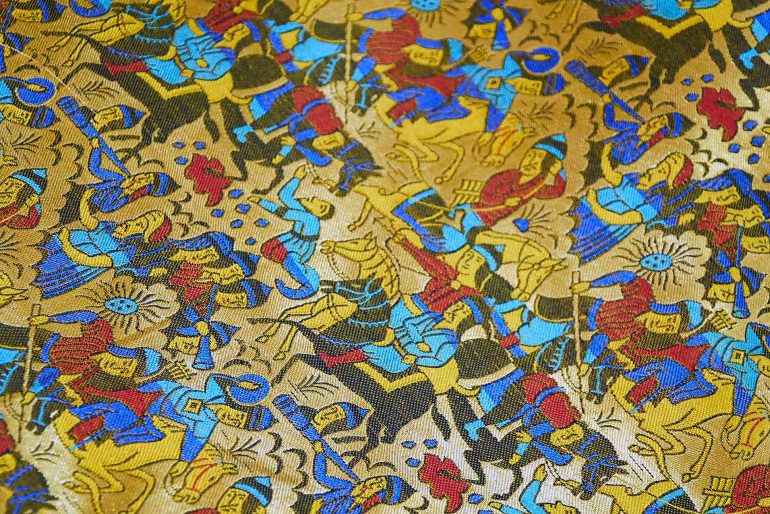 An ornate textile on display at Bilal Abu Khalaf's store in Jerusalem, Israel