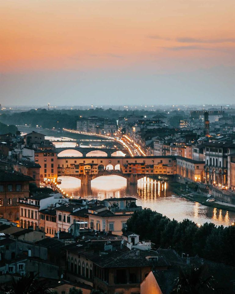 The sun sets over Florence, Italy