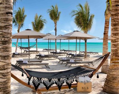 A beachside hammock at SLS Cancun, Cancún, Mexico