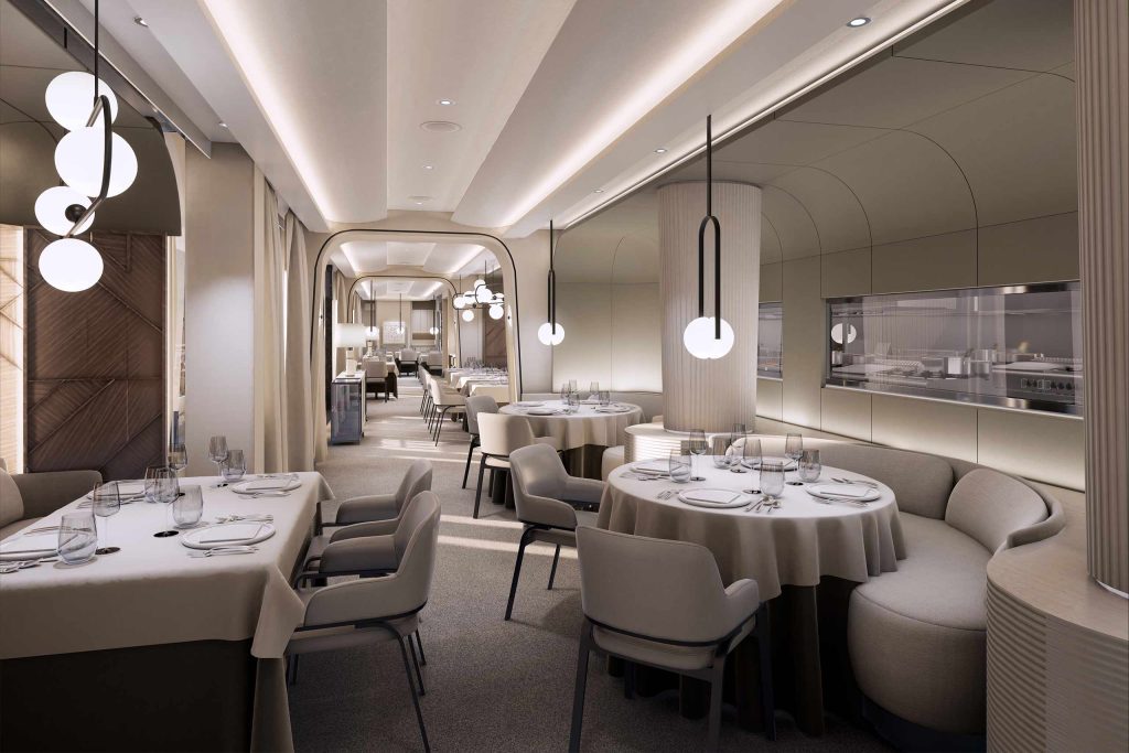 The muted and elegant interiors of Anthology Restaurant aboard Explora I, Explora Journeys
