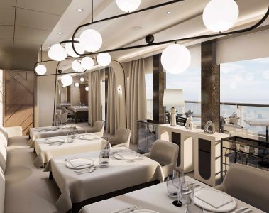 The interior of Anthology Restaurant aboard Explora I, Explora Journeys