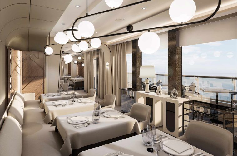 The interior of Anthology Restaurant aboard Explora I, Explora Journeys