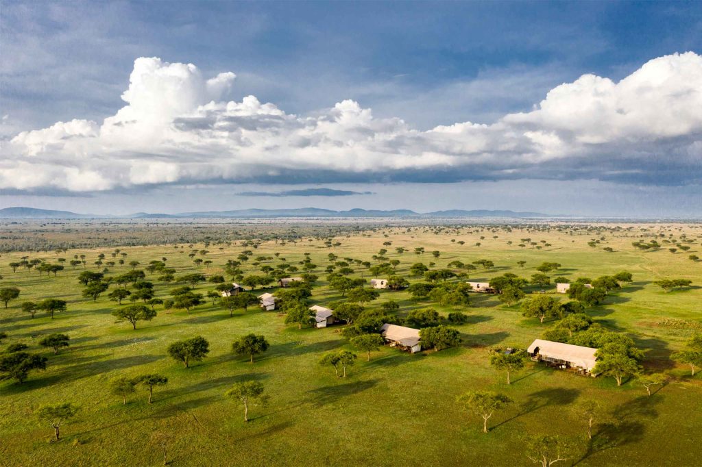 Aerial view of the Singita Sabora Tented Camp in the Grumeti Game Reserve, Tanzania