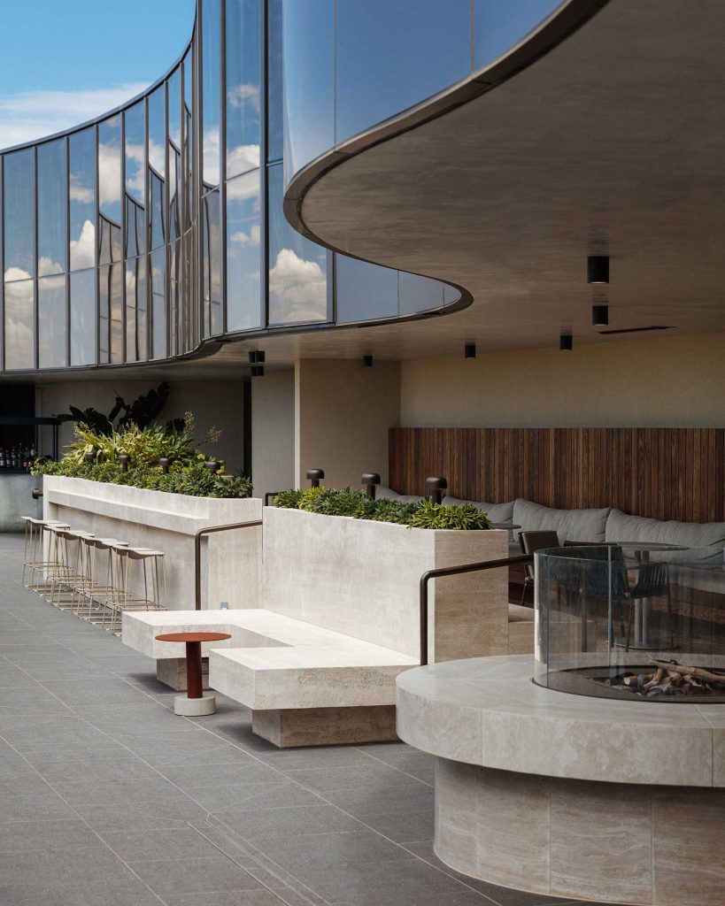 Outdoor seating area and fire pit at EOS by Skycity, Adelaide, South Australia