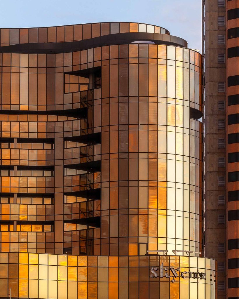 The gold windows of EOS by Skycity, Adelaide, South Australia