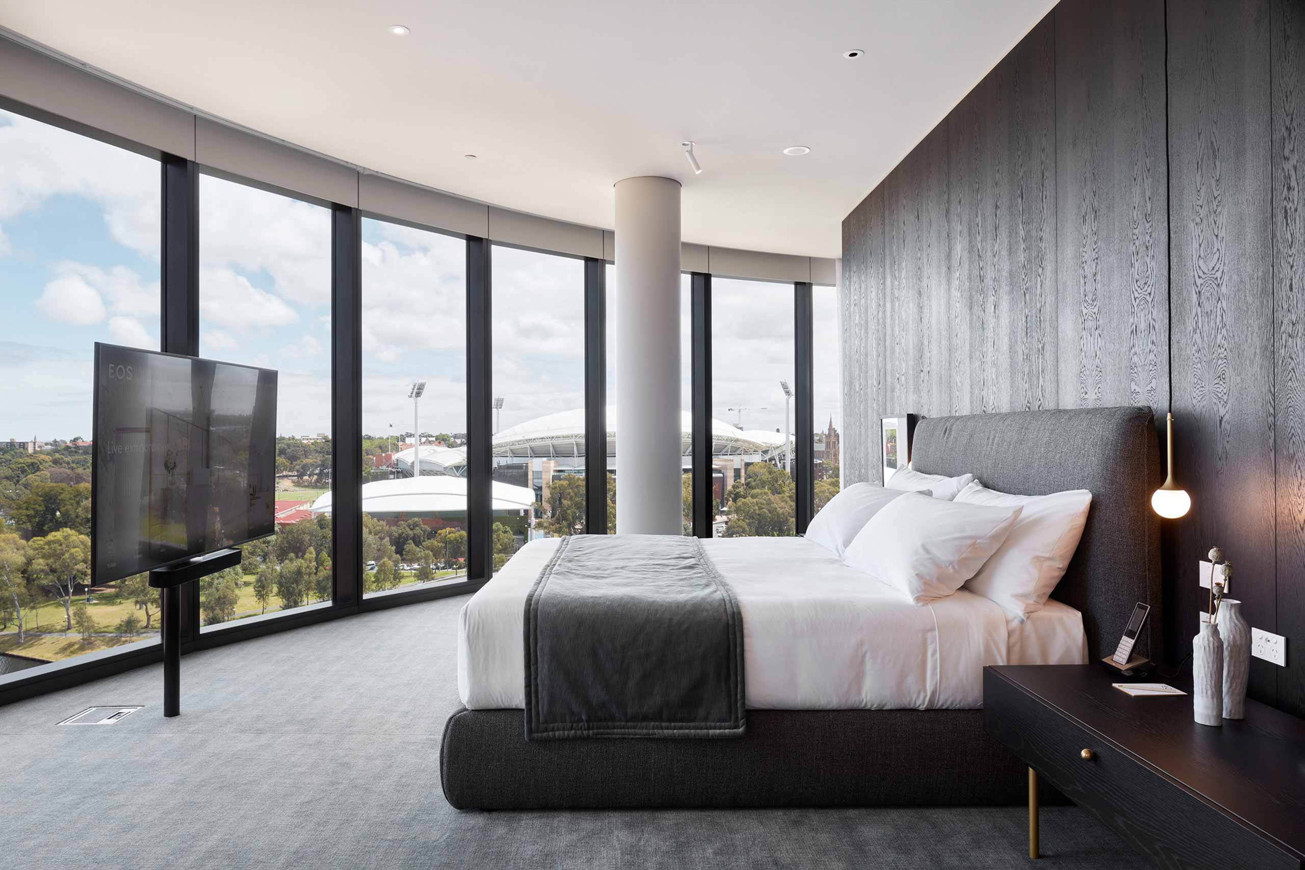 A sophisticated bedroom at EOS by Skycity, Adelaide, South Australia
