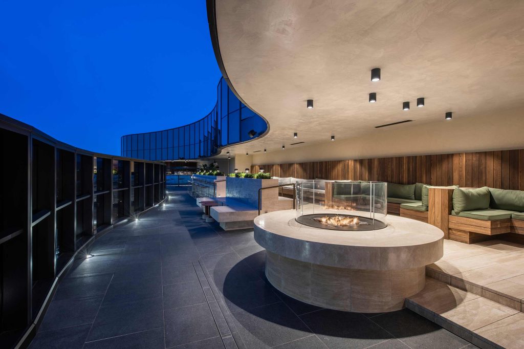 Outdoor seating area and fire pit at EOS by Skycity, Adelaide, South Australia