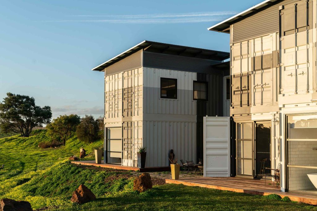 External view at sunset of Hotel California Road at Inkwell Wines, McLaren Vale, Australia