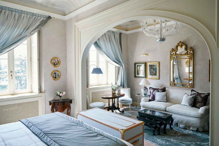 A pastel blue bedroom at Passalacqua, Lake Como, Italy