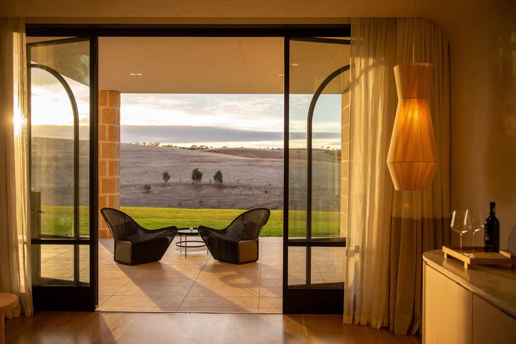 An outdoor seating area with spectacular views of the Barossa Valley