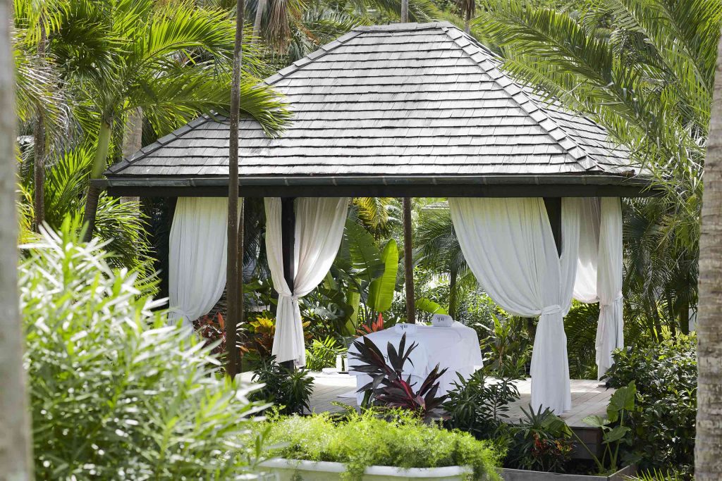An outdoor massage set-up in the gardens at the Cheval Blanc St-Barth, Isle de France, St. Barts
