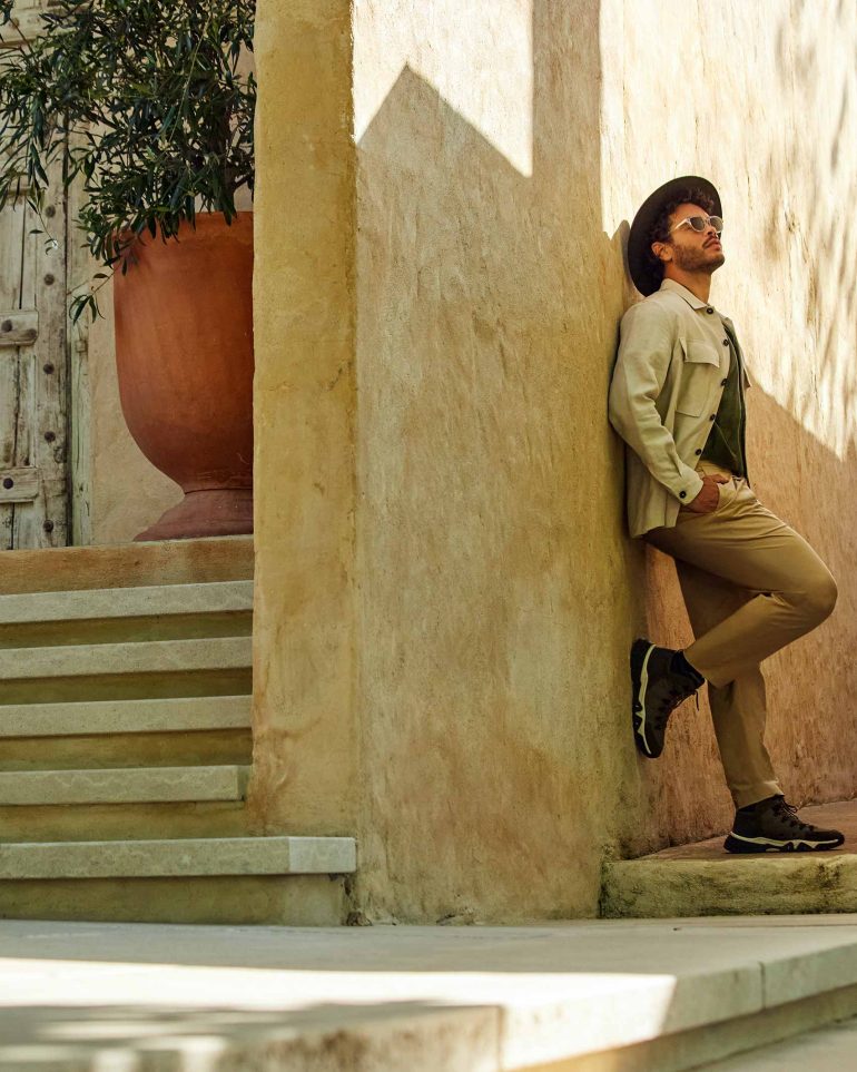 Model Nathan McGuire poses at Bird in Hand Winery, South Australia menswear editorial, Australia