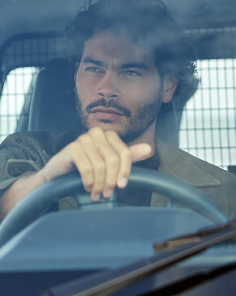 Model Nathan McGuire behind the wheel, South Australia menswear editorial, Australia