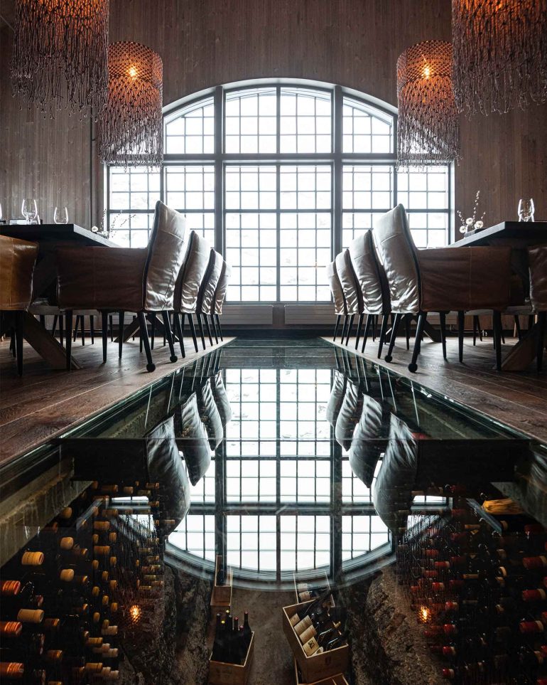 A glass walkway at the restaurant at Niehku Mountain Villa, Riksgränsen, Sweden