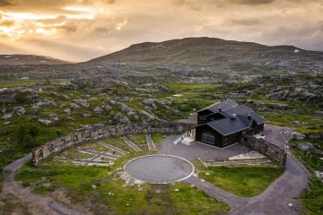 Summertime aerial view of Niehku Mountain Villa, Riksgränsen, Sweden