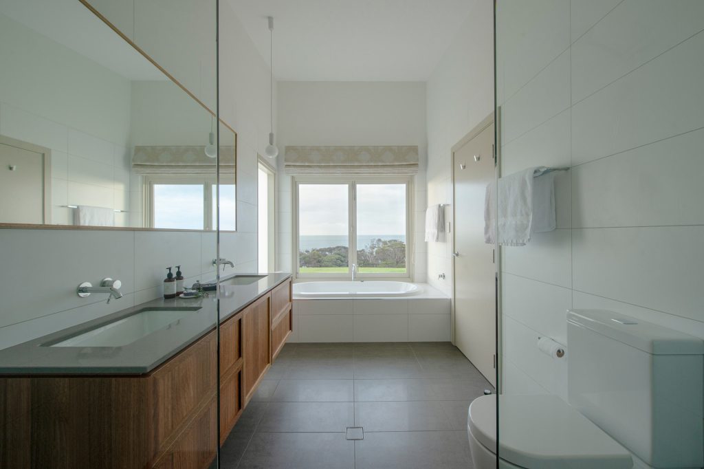 Bright and airy bathroom at Oceanview Eco Villas, Kangaroo Island, Australia