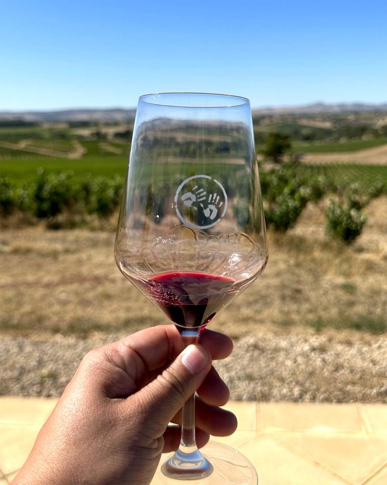 A traveller enjoys a glass of red wine in the Barossa Valley, Australia