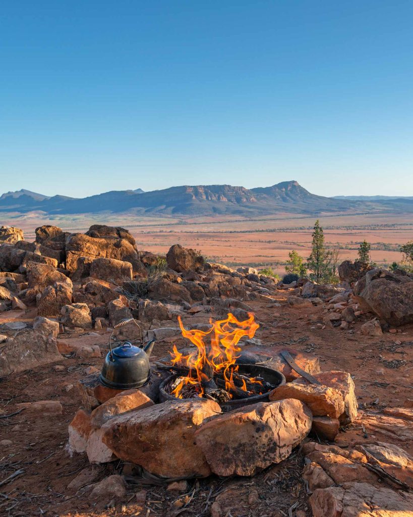 A campfire in the Flinders Ranges with astonishing desert views