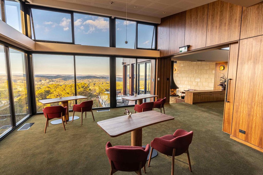 Lounge area with panoramic views at Sequoia Lodge, Adelaide, Australia