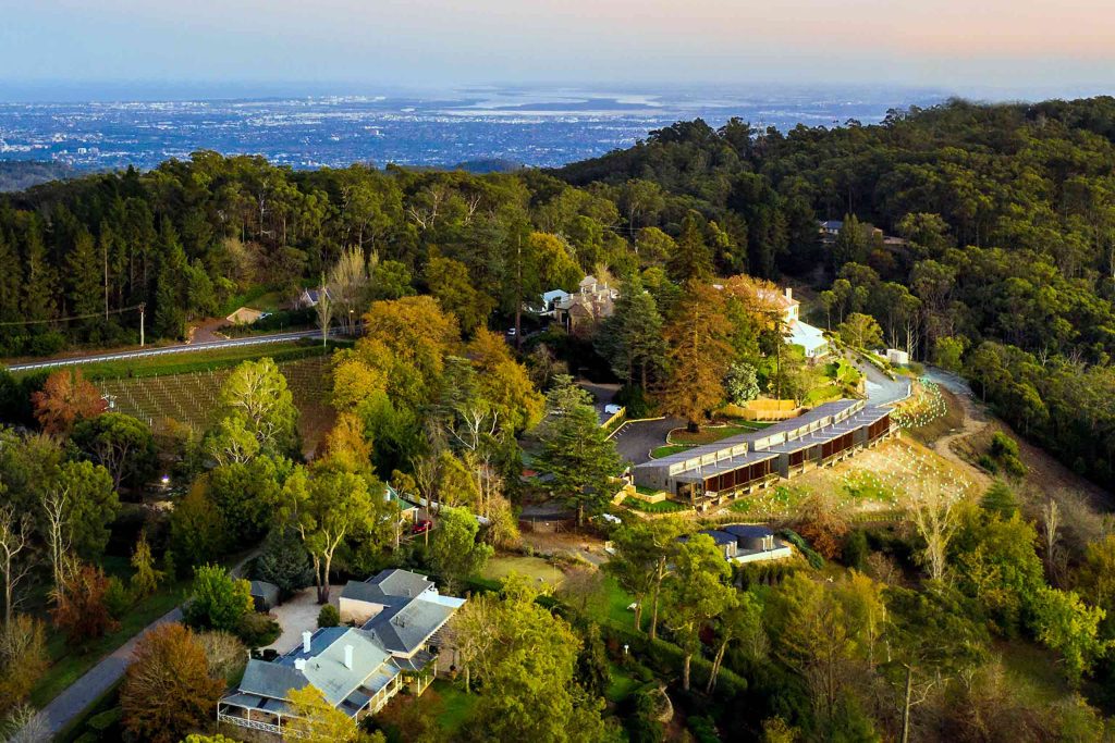 Areal shot of Sequoia Lodge nestled in the Adelaide hills, Australia