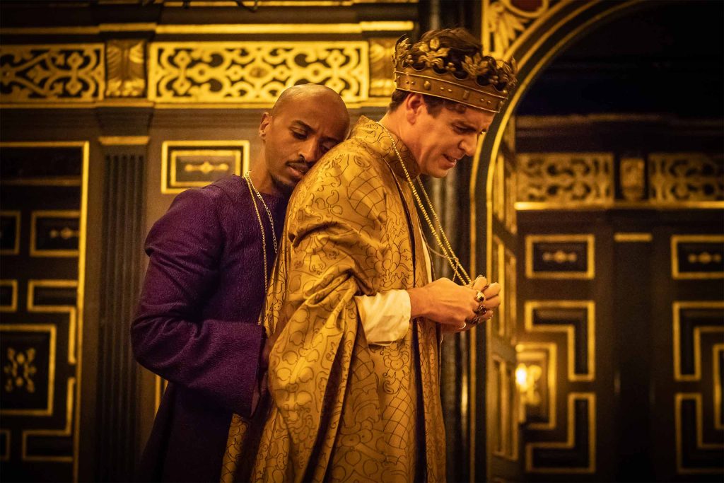 Beru Tessema as Gavesto and Tom Stuart as Edward II at Shakespeare's Globe, London, United Kingdom