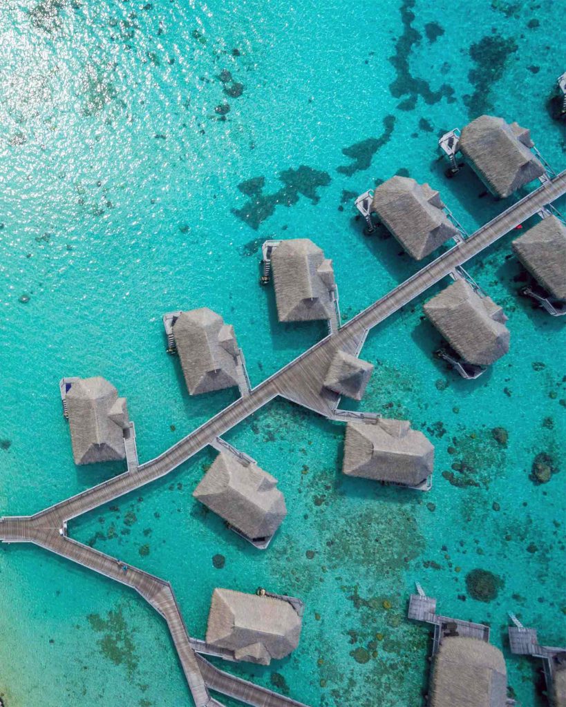 View from above of the overwater villas at the Sofitel Kia Ora Moorea Beach Resort, The Islands of Tahiti, French Polynesia