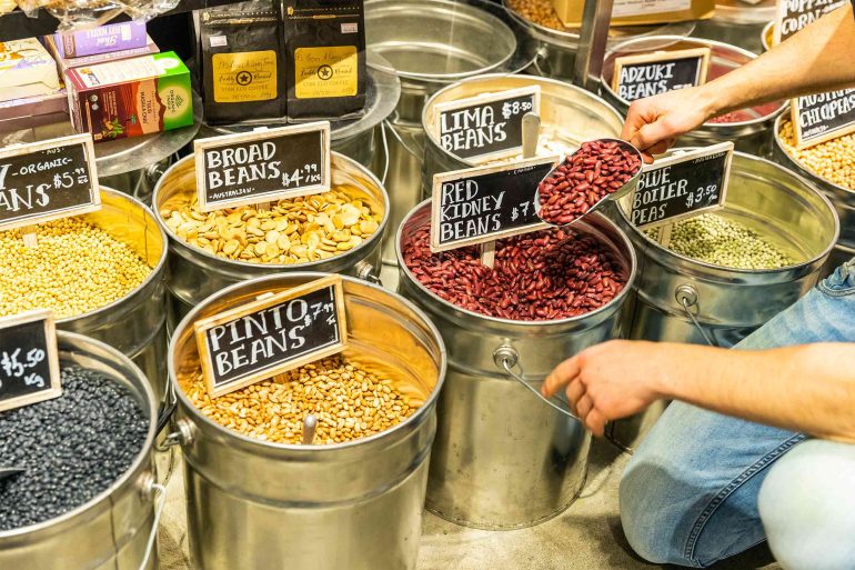 Different types of beans for sale at a market Down Under, South Australia food, Australia