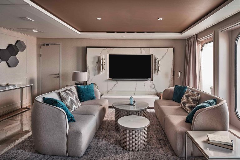 Seating area inside the Owner's Suite aboard Silver Endeavour by Silversea, Antarctica