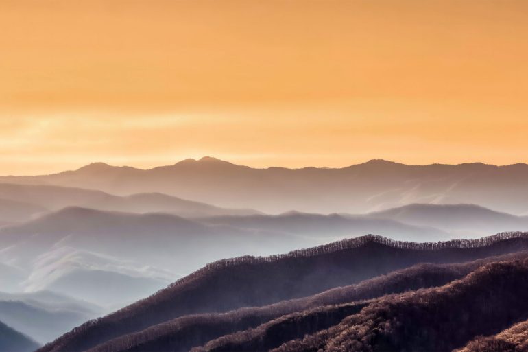 The sun sets over the Tennessee Mountains on the Trail of tears, Tennessee, USA