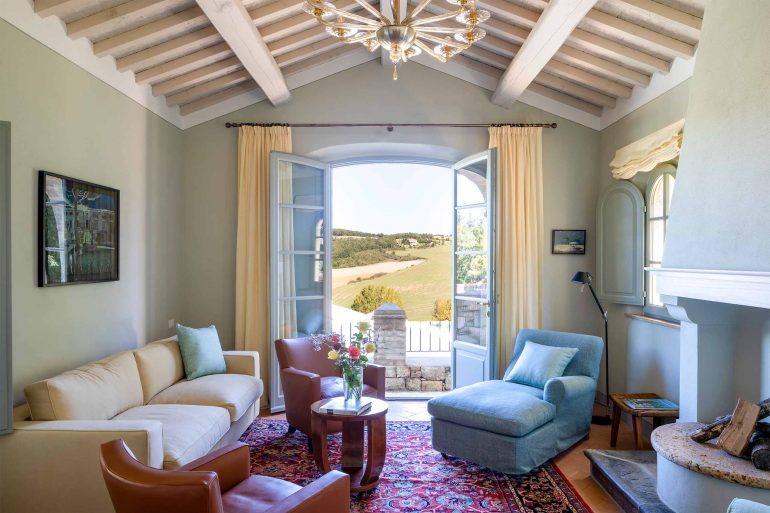 View over the Tuscan countryside from a room at the Borgo Pignano, Tuscany, Italy