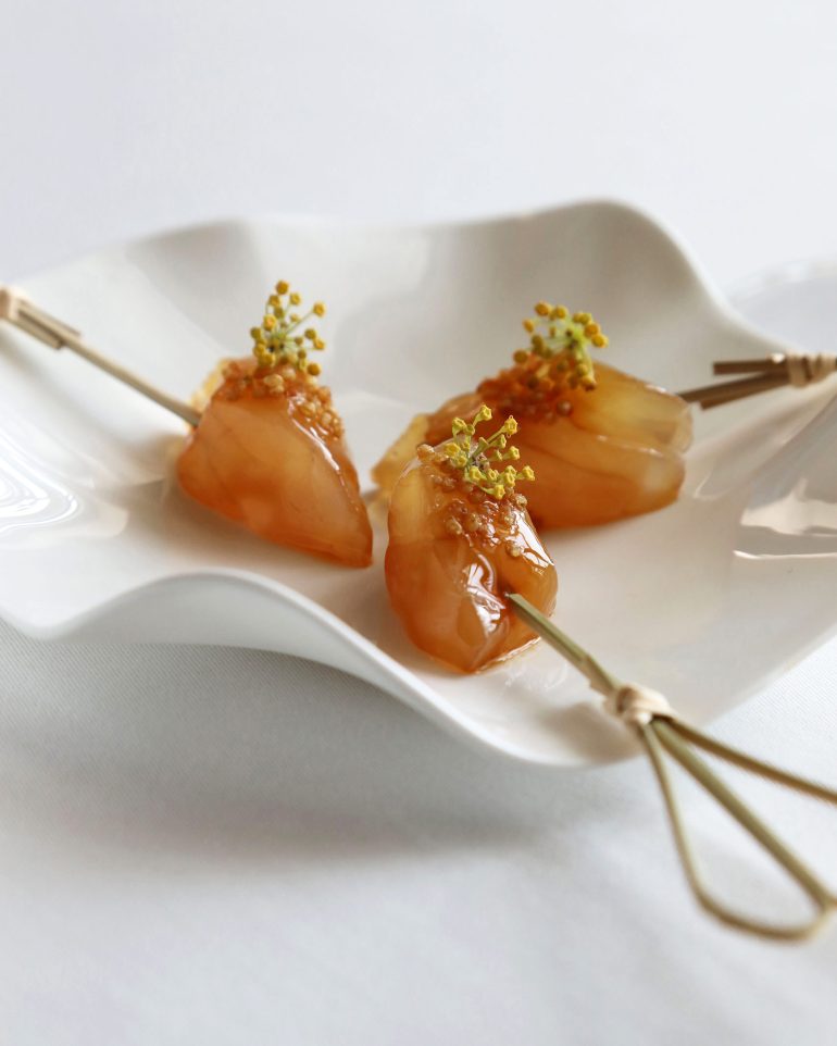 Intricately presented canapes on cocktail sticks, Maltese food, Malta