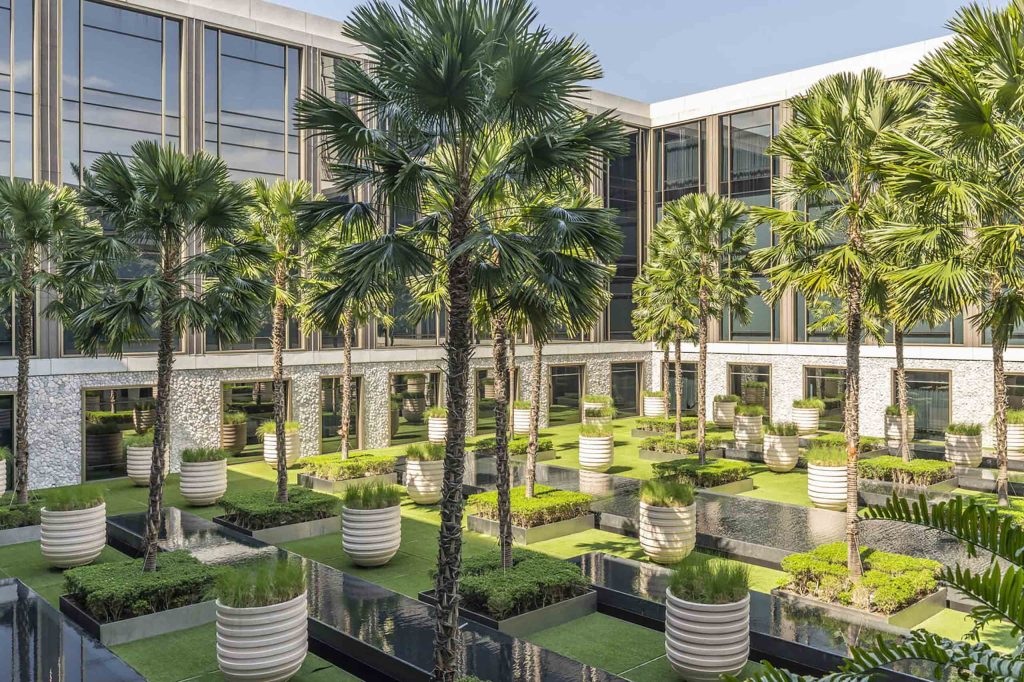 The carefully design garden grounds at the Four Seasons Bangkok at Chao Phraya River, Bangkok, Thailand