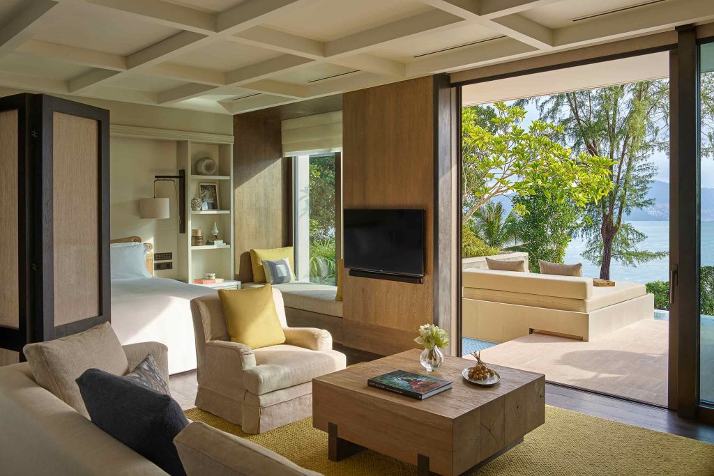 An open, breezy lounge area at Rosewood Phuket, Phuket, Thailand.