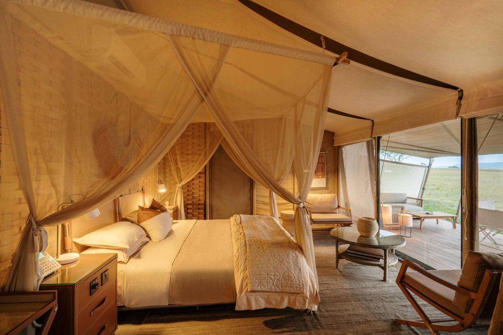 A bedroom tent at Singita Sabora Tented Camp, Grumeti Game Reserve, Tanzania