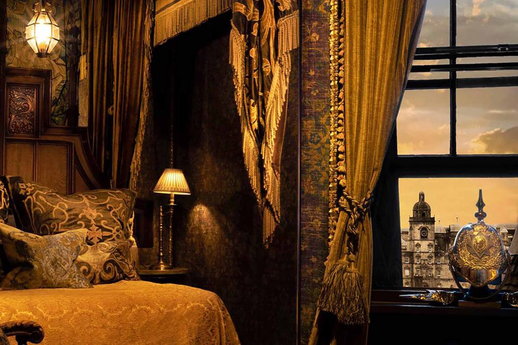 A romantic bedroom with views of Edinburgh at The Witchery by the Castle.