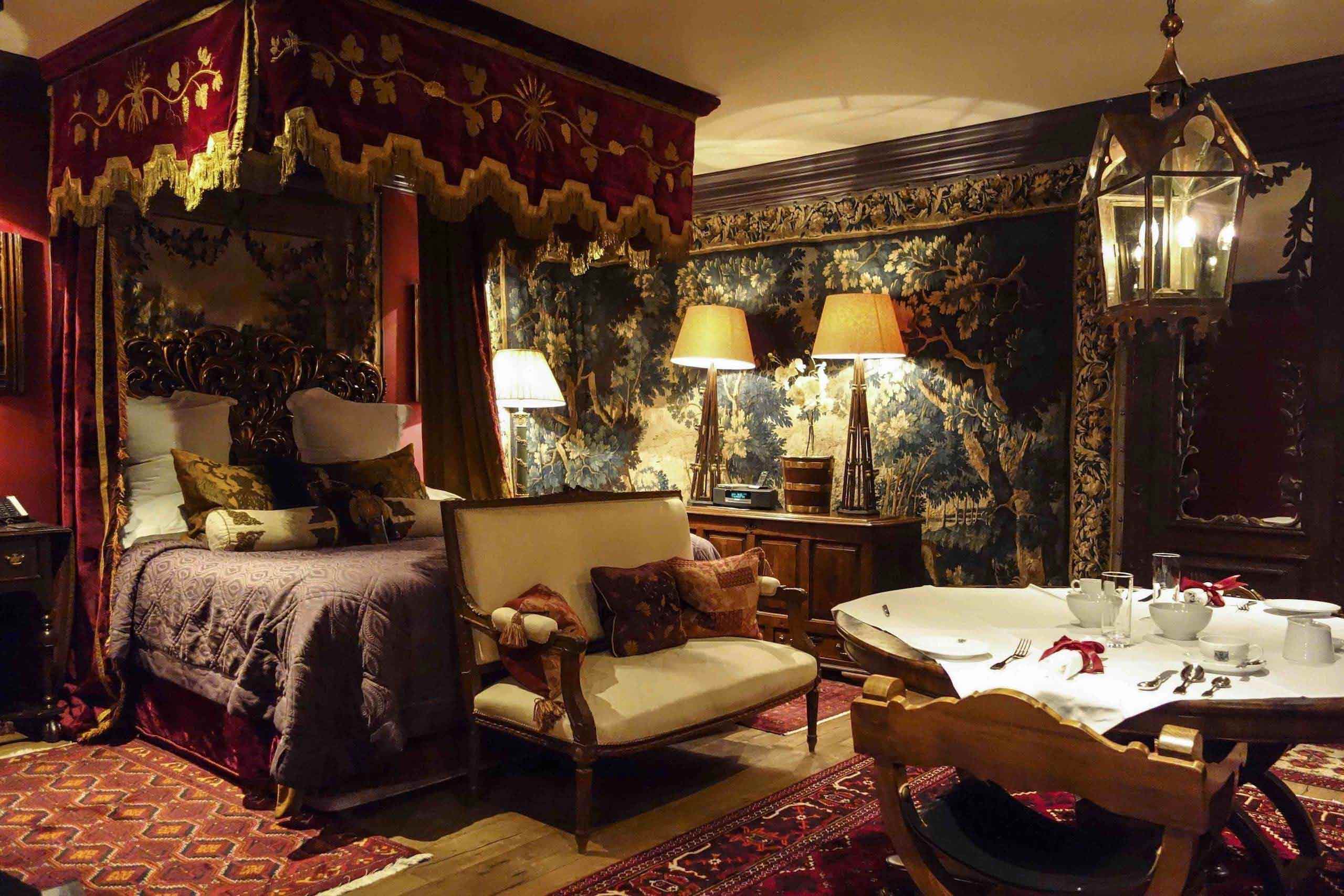 A grand, maximalist bedroom suite at The Witchery by the Castle, Edinburgh, Scotland.