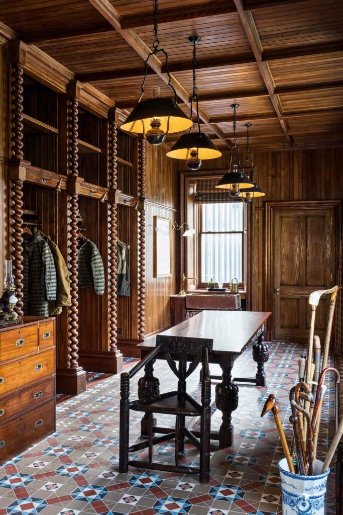 A wooden boot room at Ardfin, Inner Hebrides, Scotland.