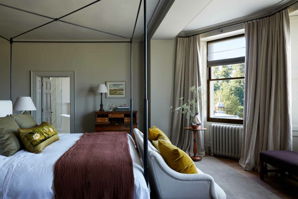 A bedroom at Heckfield Place, Hampshire, England, United Kingdom