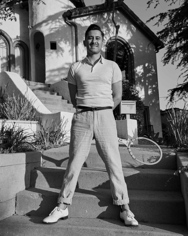 David Padilla hols a tennis racket behind his back, California, USA