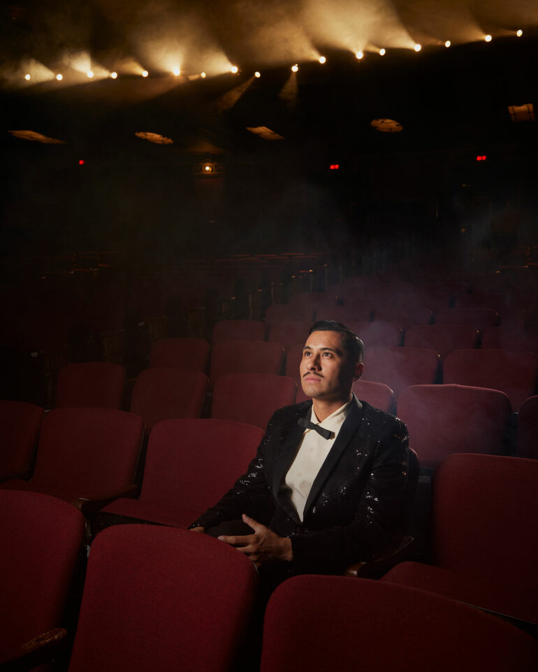 David Padilla sits in a seat at the Los Angeles Theatre, California, USA