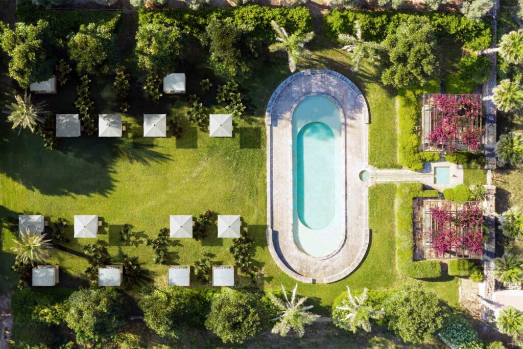 Aerial view of the pool at Son Vell, Menorca, Spain. Part of Vestige Collection