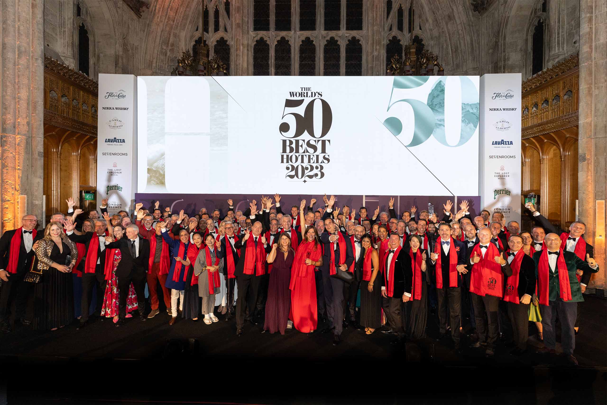 Winners pose on stage at The Worlds 50 Best Hotels Awards 2023