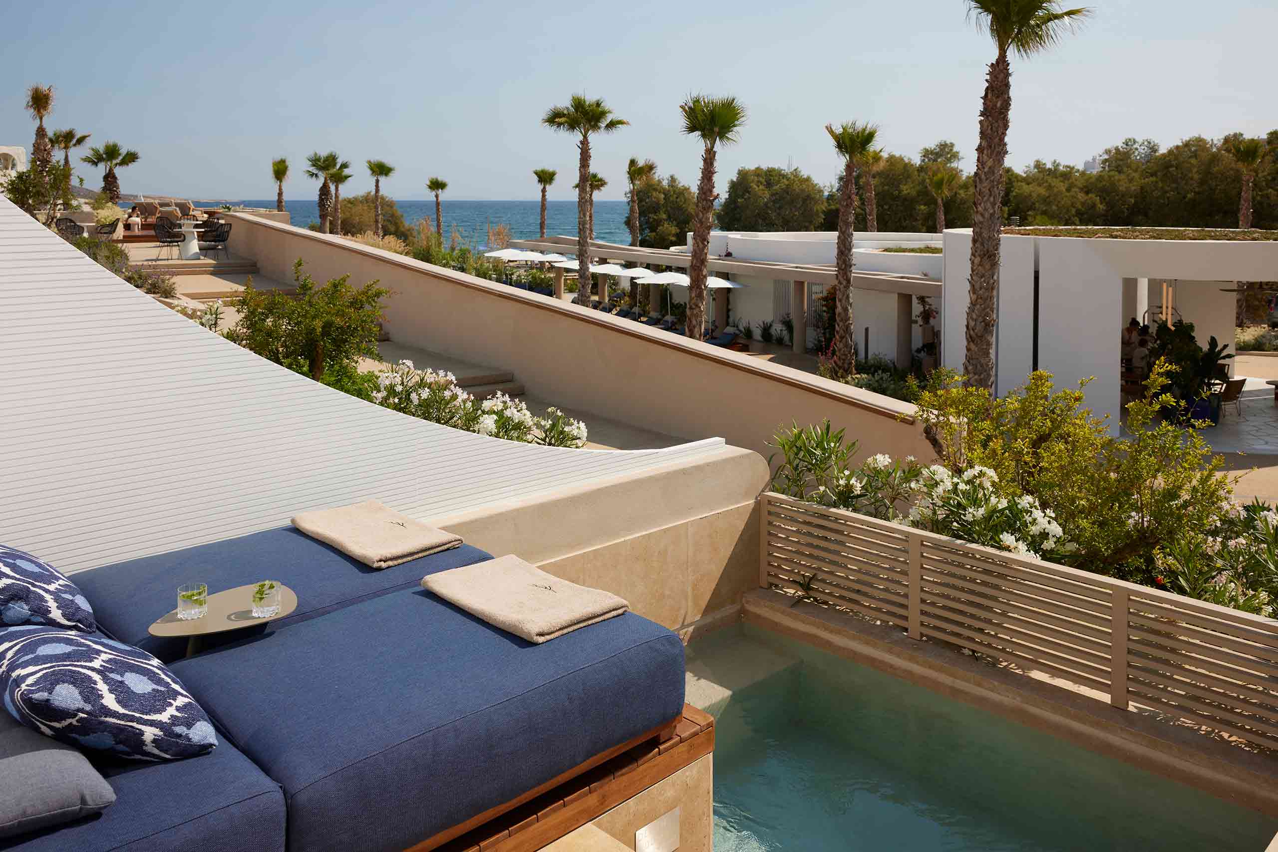 A terrace bed at Avant Mar, Paros, Greece.