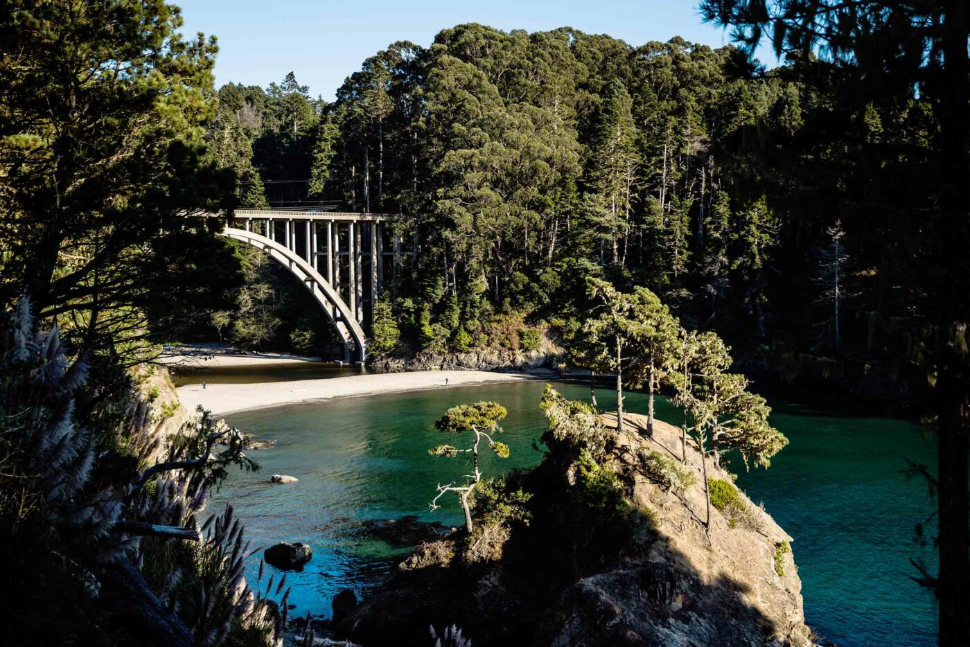 A bridge above a river in Mendocino, Northern California, California, USA.