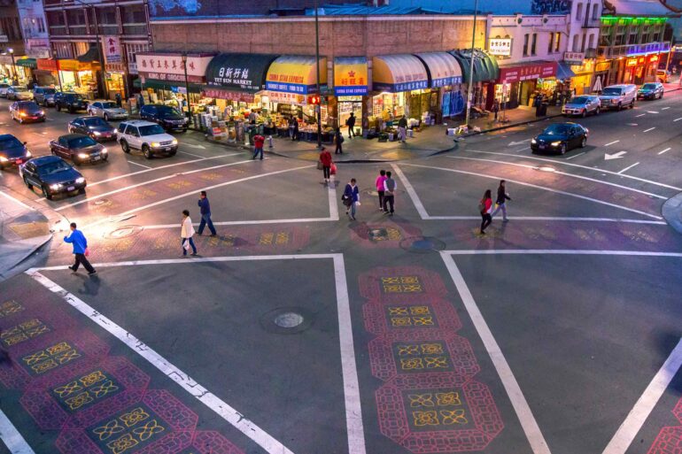 Ariel view of Chinatown in Oakland, California, USA.