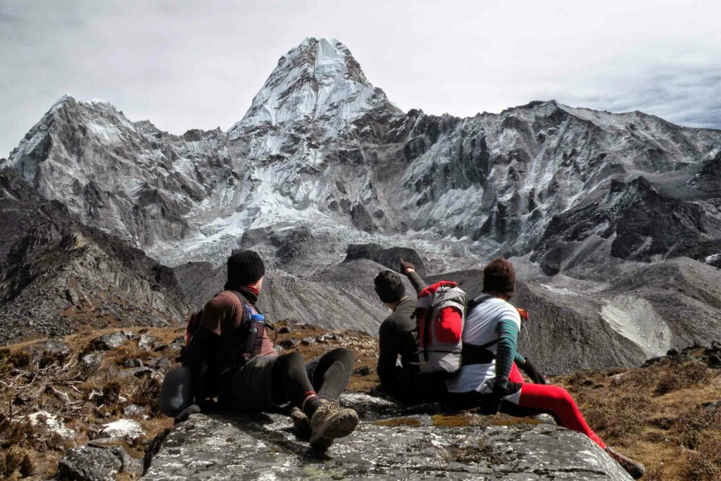 Visitors enjoy the mountain panorama of the Himalayas while on a luxury tour with Taj Tamang of Responsible Adventures