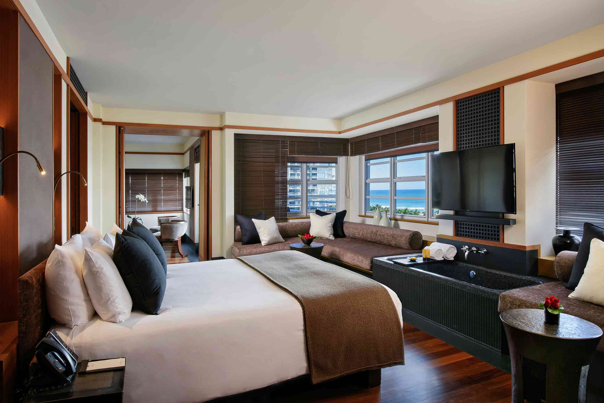 Bedroom suite at The Setai, Miami Beach, Florida, USA.